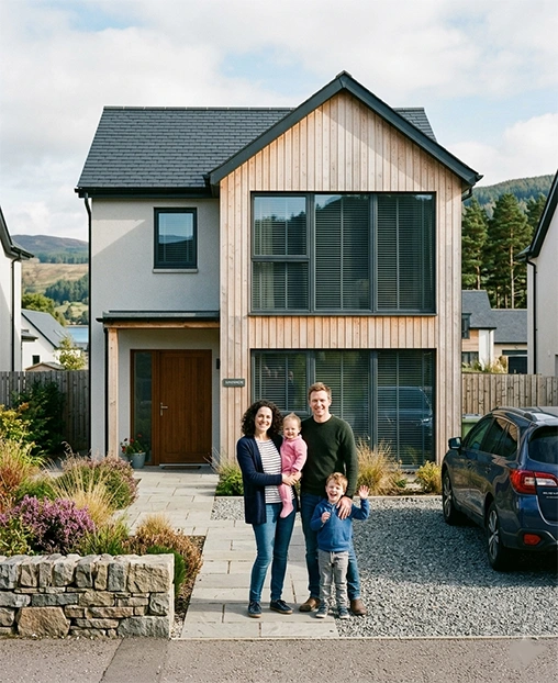 Young family in Inverness, standing in front of their contempary home. The house features contemporary timber cladding, a dark slate roof and modern, newly fitted blinds.