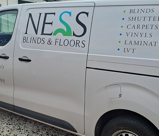 Branded White Ness Blinds & Floors van outside Inverness showroom