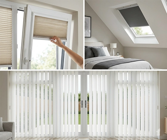 A collage illustrating diverse blind solutions for difficult windows: a hand installing a Perfect Fit blind on a tilt-and-turn window (face hidden), vertical blinds covering large patio doors in a sunlit conservatory, and an integrated Velux-compatible roller blind fitted in a loft skylight window.
