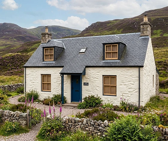 Traditional Scottish cottage featuring wooden venetian window blinds.