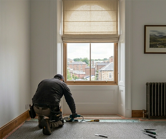 A Ness Blinds & Floors carpet fitter is kneeling and using a power seaming iron to join a new grey patterned loop-pile carpet. The room features traditional wood baseboards, gripper rods, and a large sash window with a town view and a Roman blind.